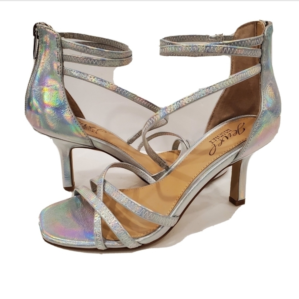 NEW Jewel Badgley Mischka Flor Strappy Sandal Silver Iridescent